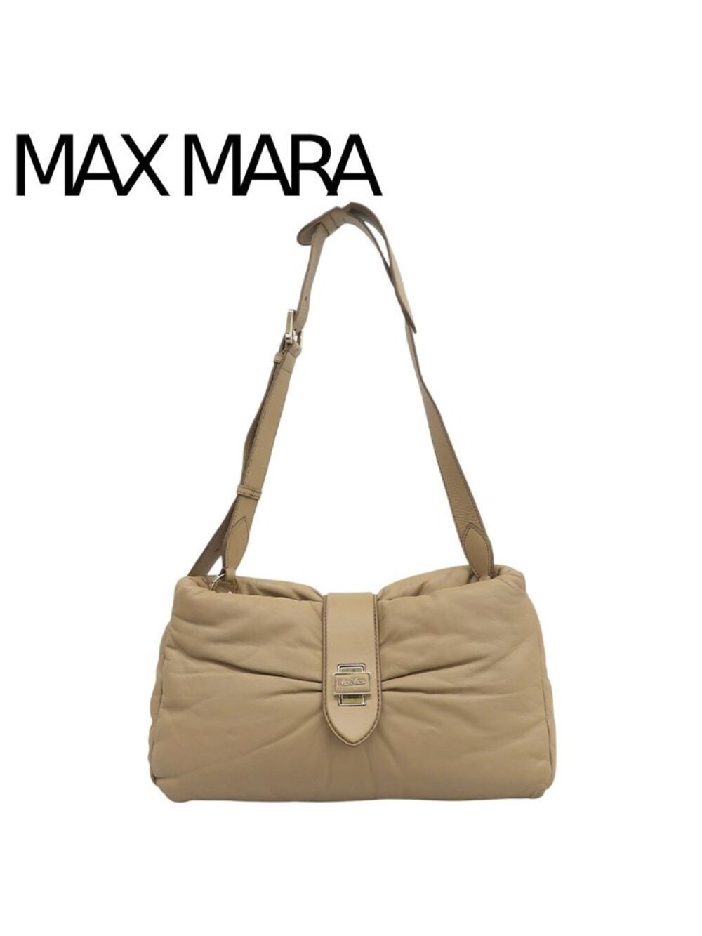 Max Mara Cuscino Lambskin Clutch Shoulder Bag Turnlock Beige
